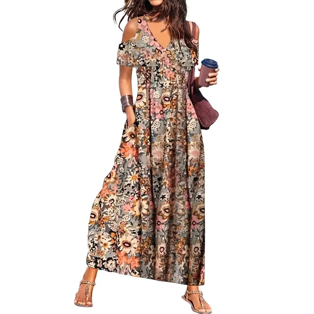 2024 Flower Print Hollow Out Pleated Maxi Boho Dress