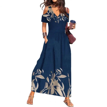 2024 Flower Print Hollow Out Pleated Maxi Boho Dress