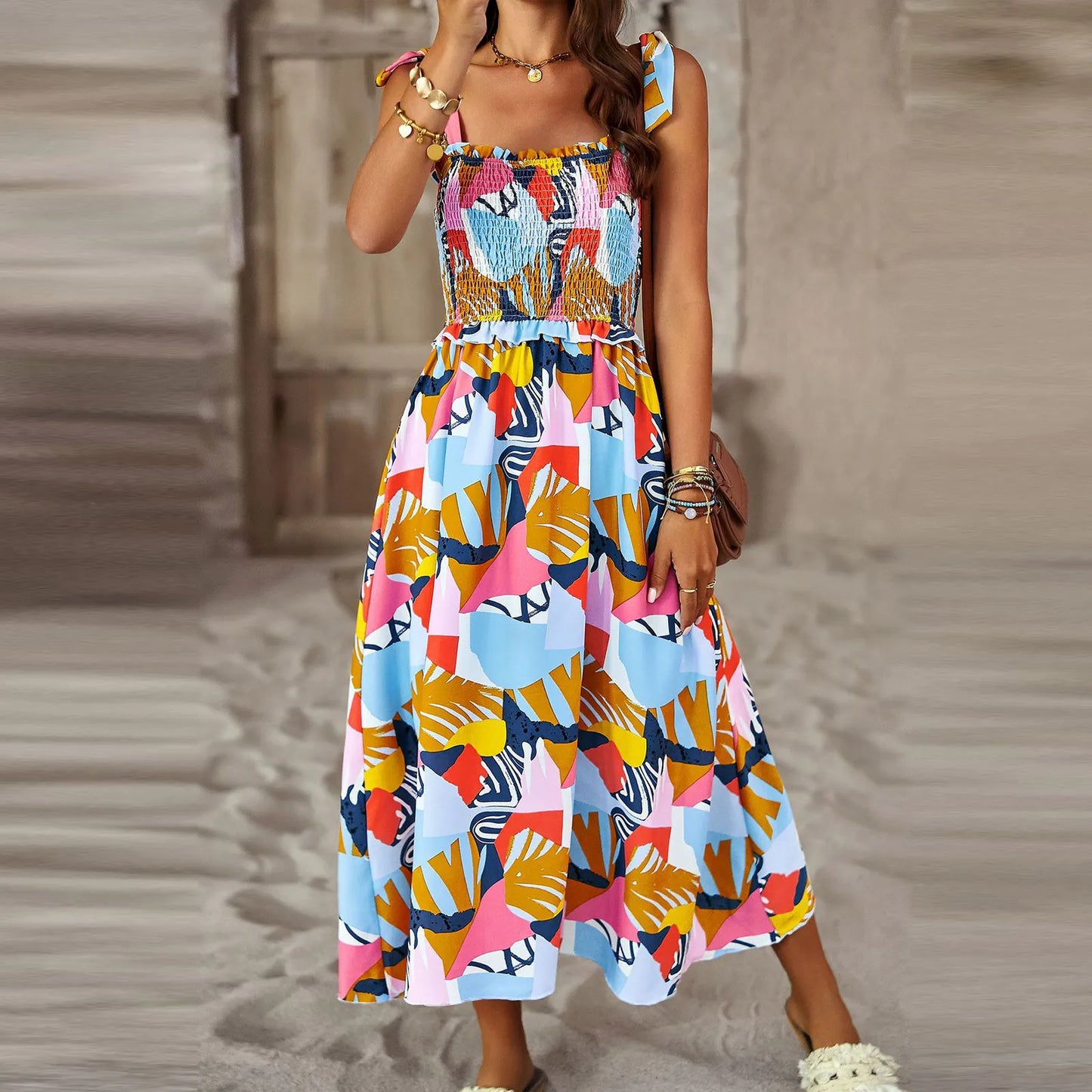 Flowy Smocked Ruffle Floral Boho Maxi Backless Printed Dress