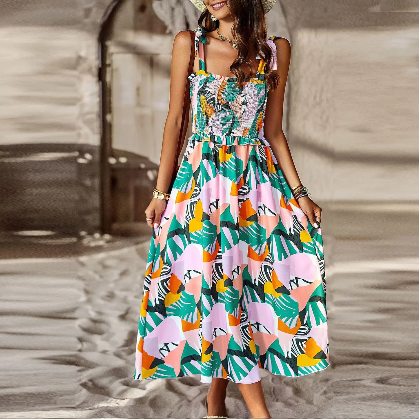 Flowy Smocked Ruffle Floral Boho Maxi Backless Printed Dress