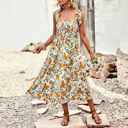 Flowy Smocked Ruffle Floral Boho Maxi Backless Printed Dress