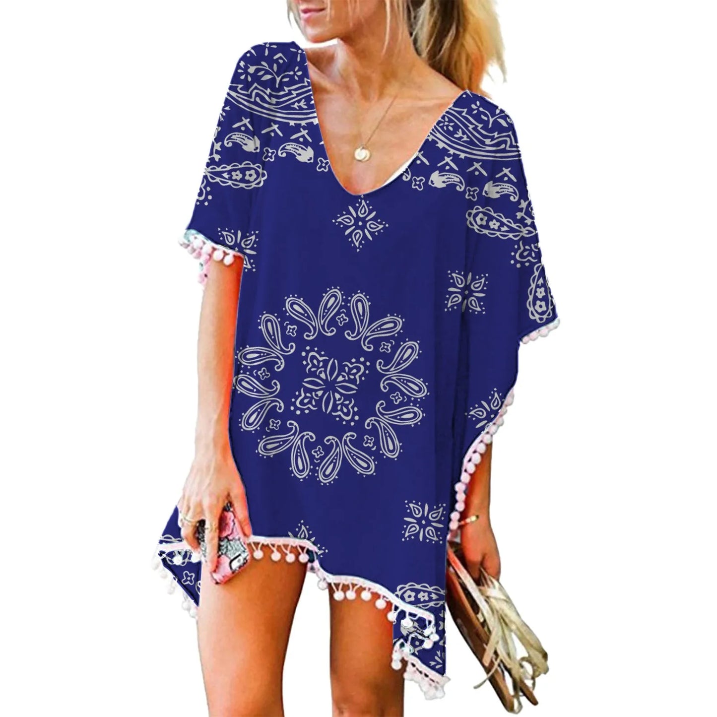 Women Swimwear Tassels Dress Stylish Loose Short Sleeve Bikini Sets