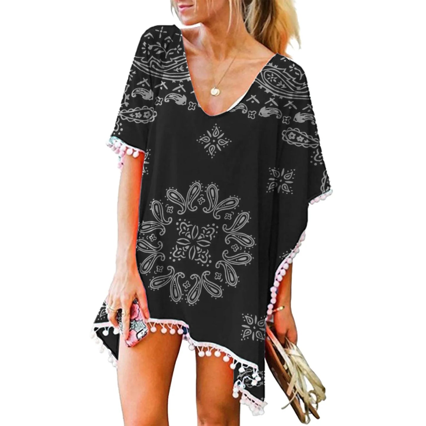 Women Swimwear Tassels Dress Stylish Loose Short Sleeve Bikini Sets