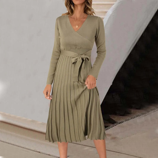 Women Wrap V Neck Sweater Solid Color Long Sleeve Pleated Midi With Belt Autumn Ladies Pleated Dress For Work