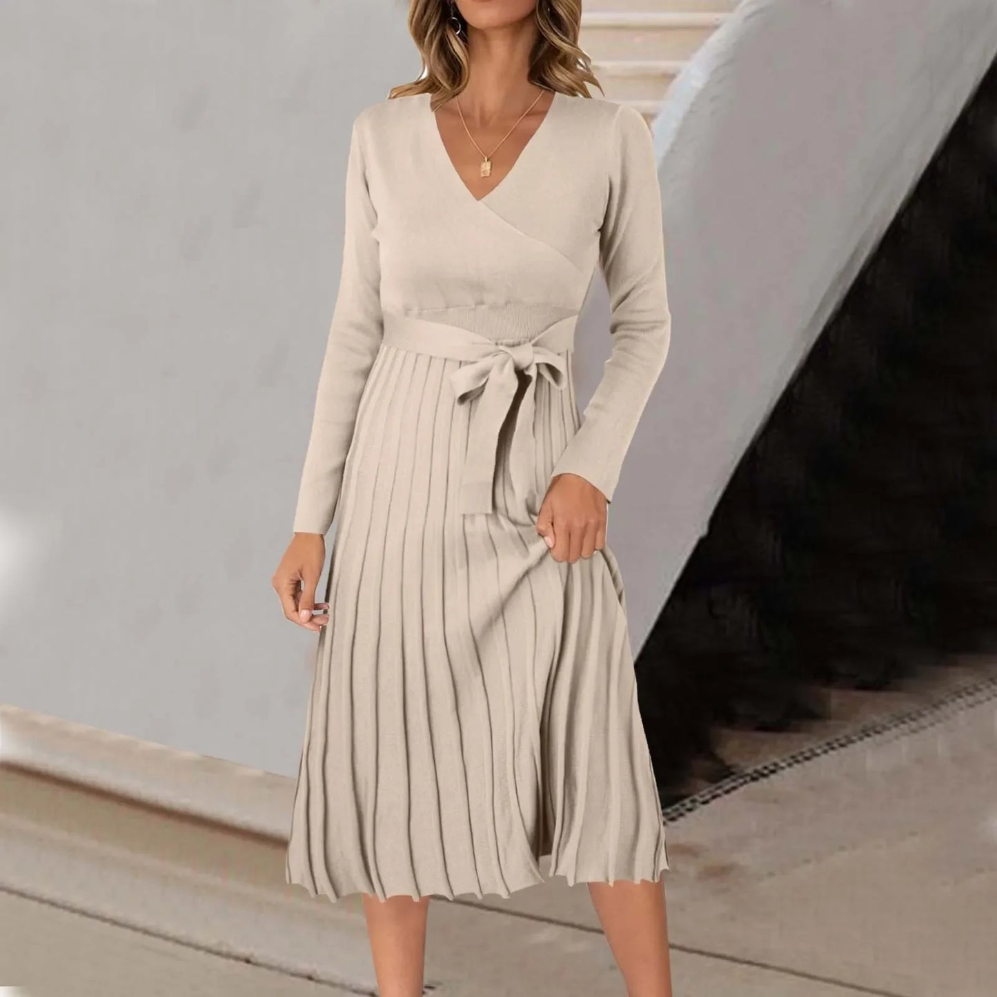 Women Wrap V Neck Sweater Solid Color Long Sleeve Pleated Midi With Belt Autumn Ladies Pleated Dress For Work