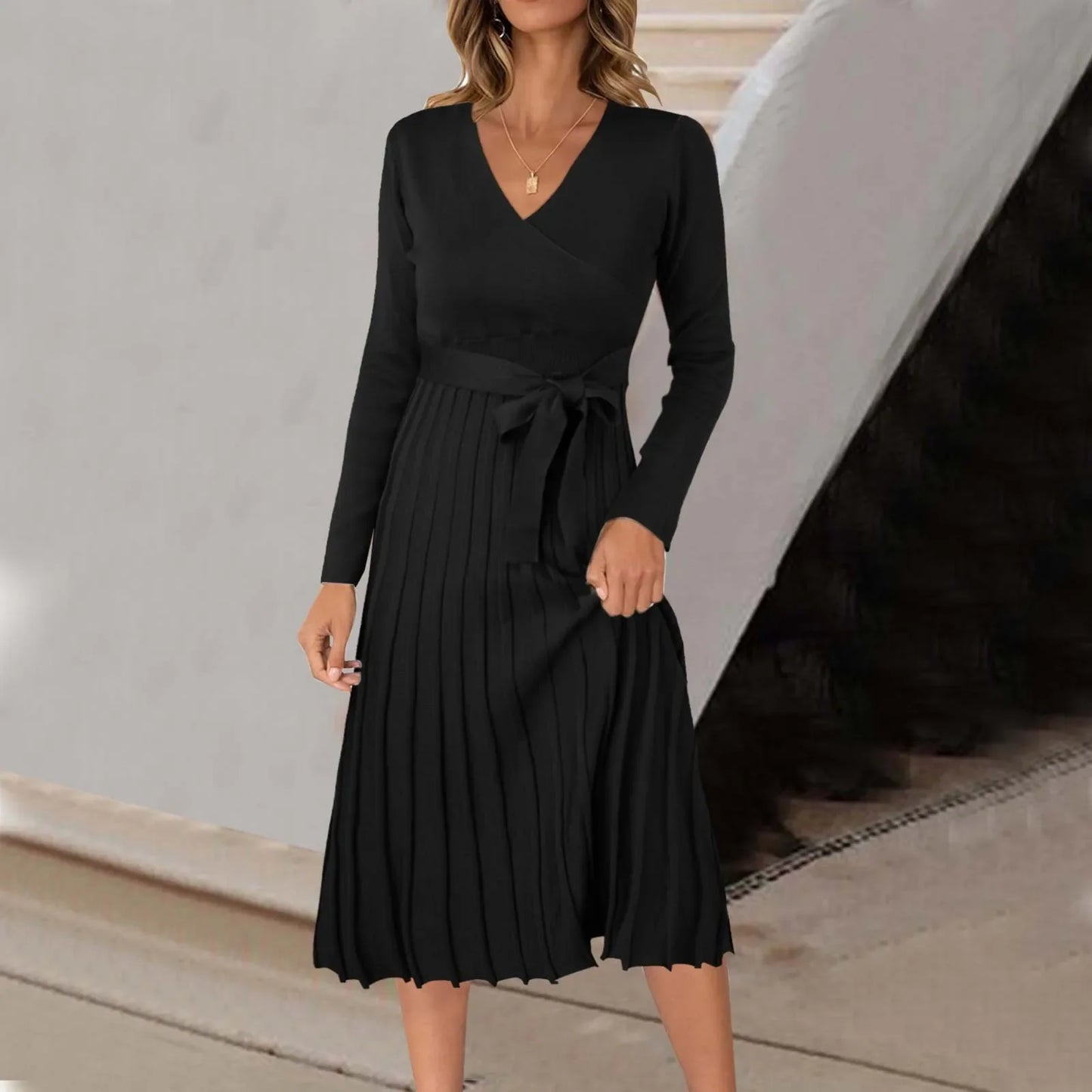 Women Wrap V Neck Sweater Solid Color Long Sleeve Pleated Midi With Belt Autumn Ladies Pleated Dress For Work