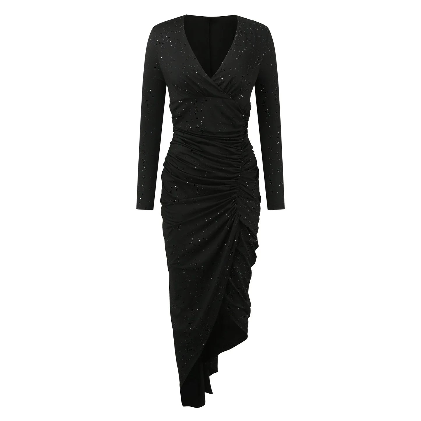 Solid Color Long Sleeve High Slit Ruched Elegant Split Slim Maxi Dress