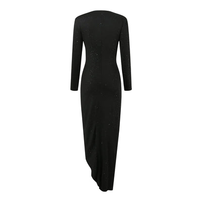 Solid Color Long Sleeve High Slit Ruched Elegant Split Slim Maxi Dress