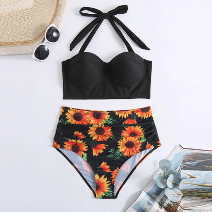 Fashion Sunshine Beach Swimsuit Sexy Sunflower Print Tops Bra Bikini Sets