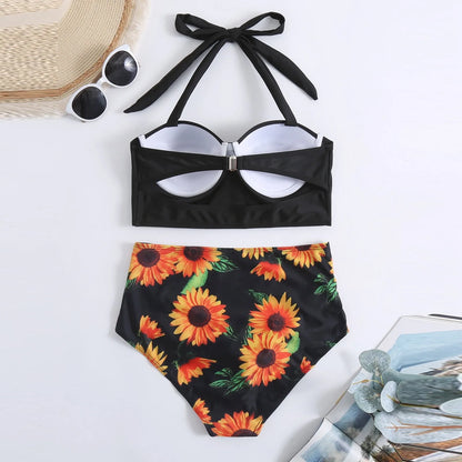 Fashion Sunshine Beach Swimsuit Sexy Sunflower Print Tops Bra Bikini Sets