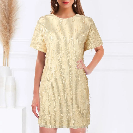 Women's Fringed Sequin Loose Short Sleeve Mini Solid Color Round Neck Casual 2024 Summer New Women Party Dress