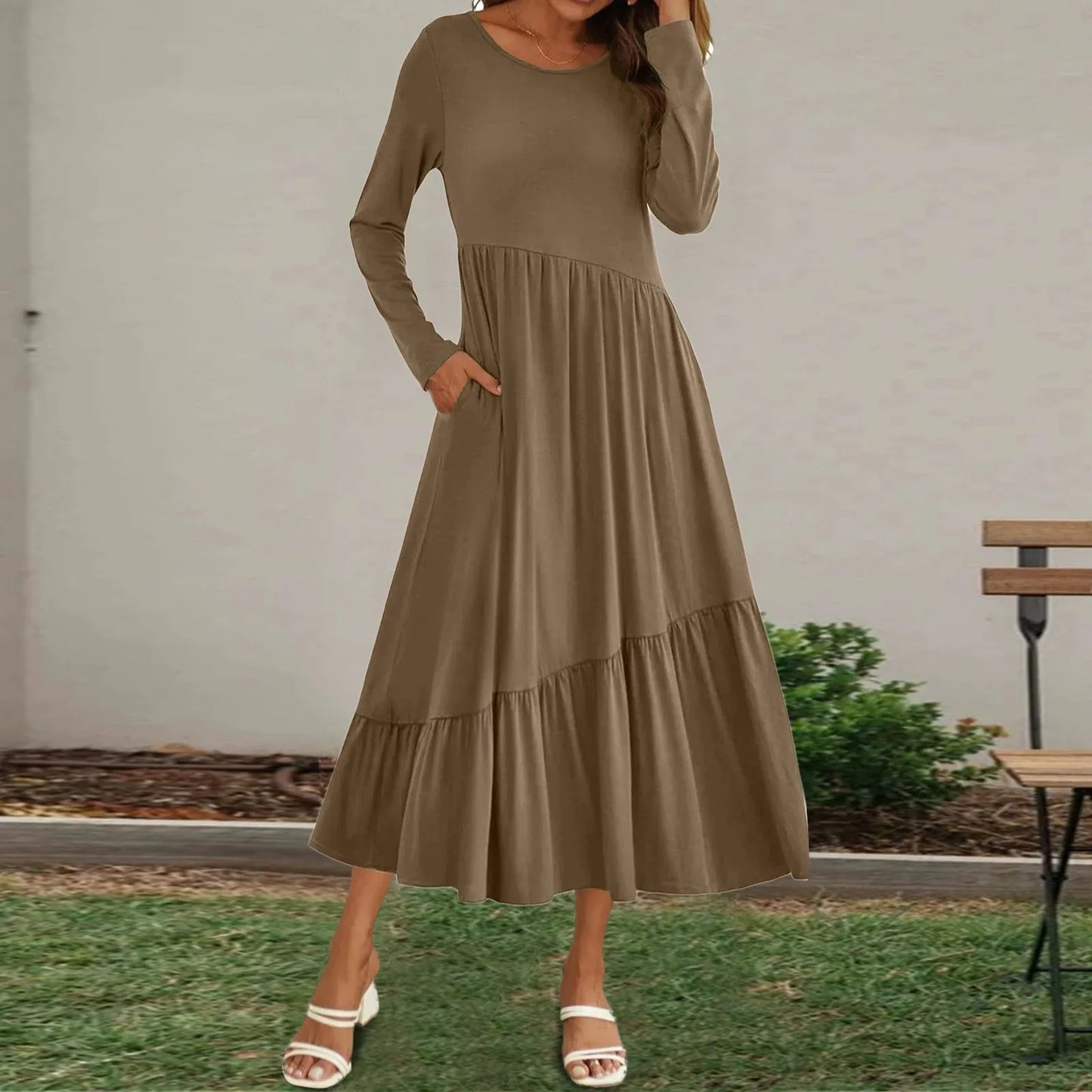 Round Neck Long Sleeve Solid Casual Flowing Layered Summer Dress