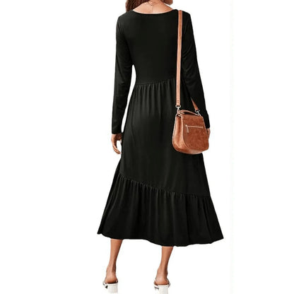 Round Neck Long Sleeve Solid Casual Flowing Layered Summer Dress