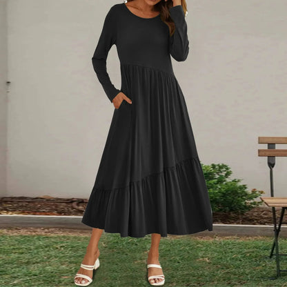 Round Neck Long Sleeve Solid Casual Flowing Layered Summer Dress