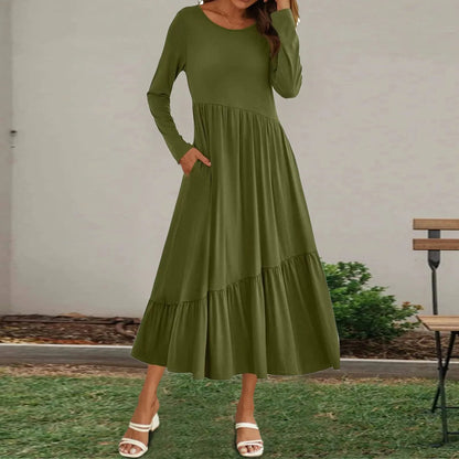 Round Neck Long Sleeve Solid Casual Flowing Layered Summer Dress