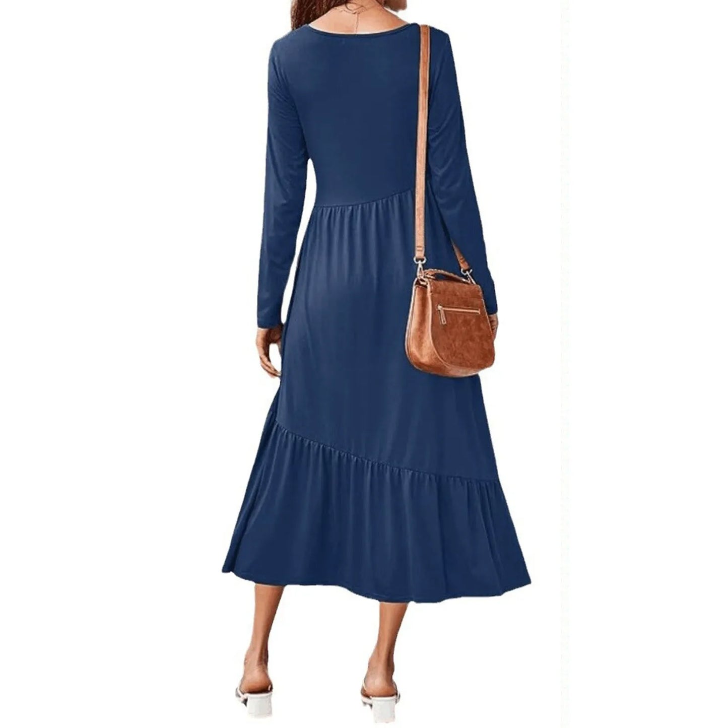 Round Neck Long Sleeve Solid Casual Flowing Layered Summer Dress