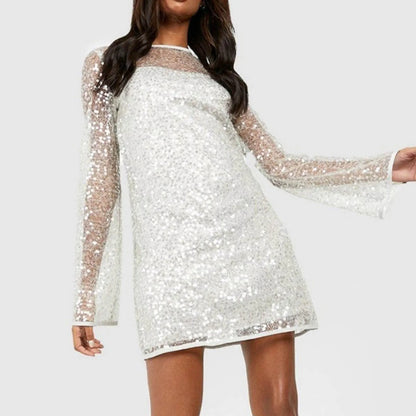 Sequined See Through Mesh Long Sleeve Mini Solid Color Elegant Fashion Short Female Party Club Dress