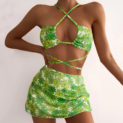 Fresh Sexy Lace Up Green Small Floral Sunflower Bikini Sets