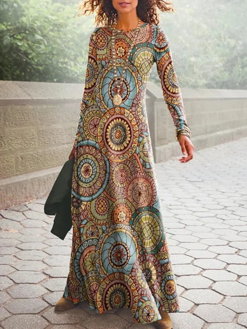 2024 Vintage Geometric Print Autumn O Neck Boho Dress