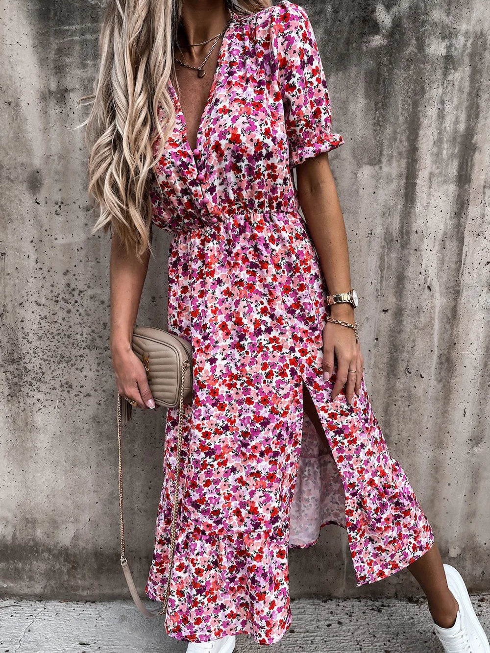 2024 Y2K Sexy Side Slit Floral V-Neck Boho Dress