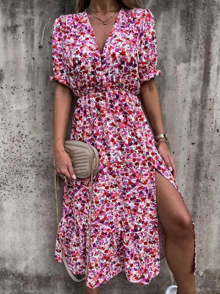 2024 Y2K Sexy Side Slit Floral V-Neck Boho Dress