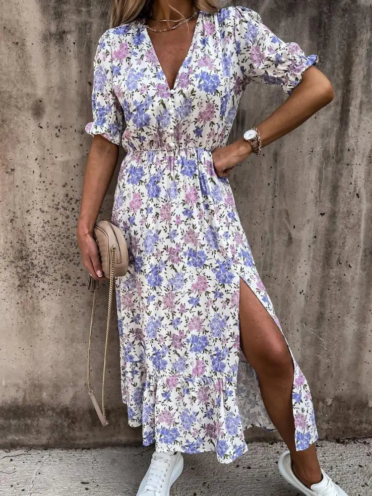 2024 Y2K Sexy Side Slit Floral V-Neck Boho Dress