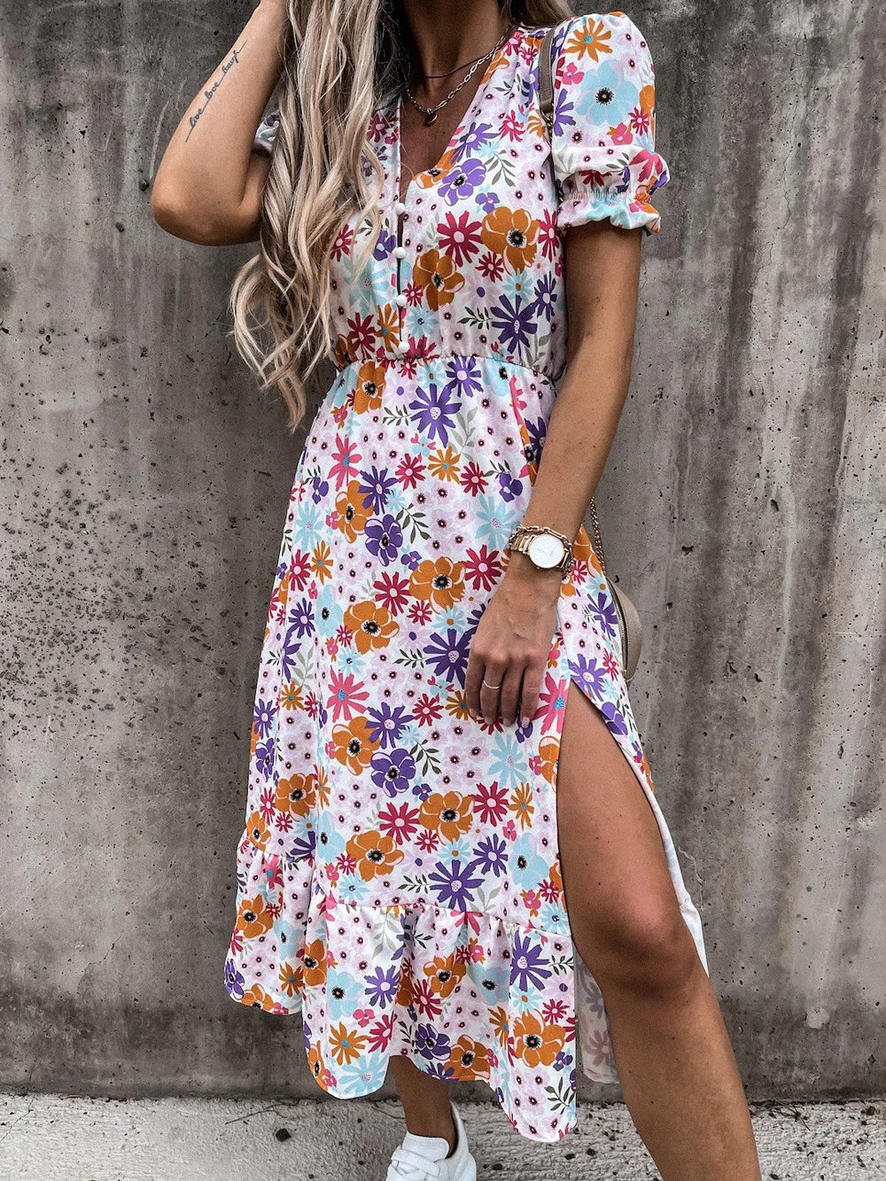 2024 Y2K Sexy Side Slit Floral V-Neck Boho Dress