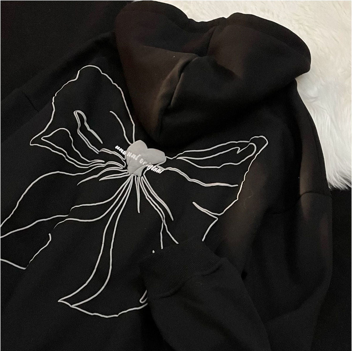 Loose Bowknot Printed Zipper Jacket Hoodie