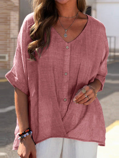 Button V Neck Pullover Short Sleeve Fit Blouse Casual Top