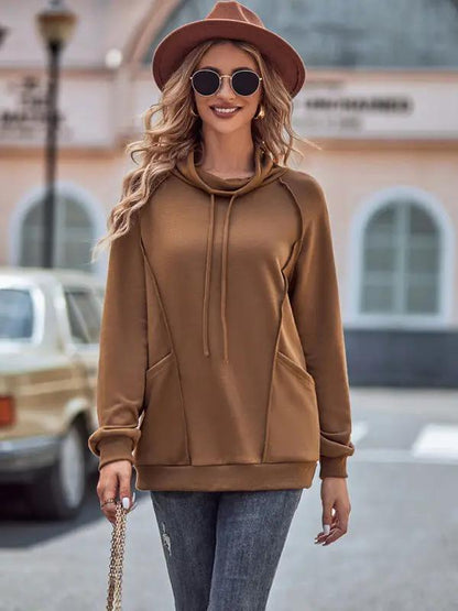 High Collar Drawstring Patchwork Loose Sweatshirt